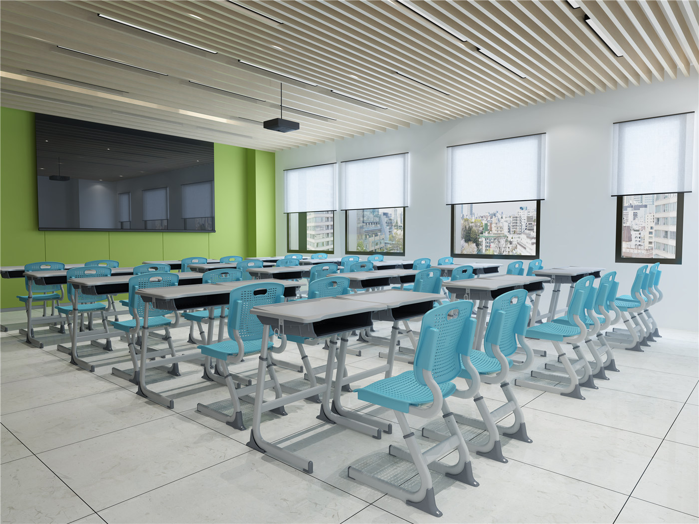 Diversi tavoli e sedie per aula101